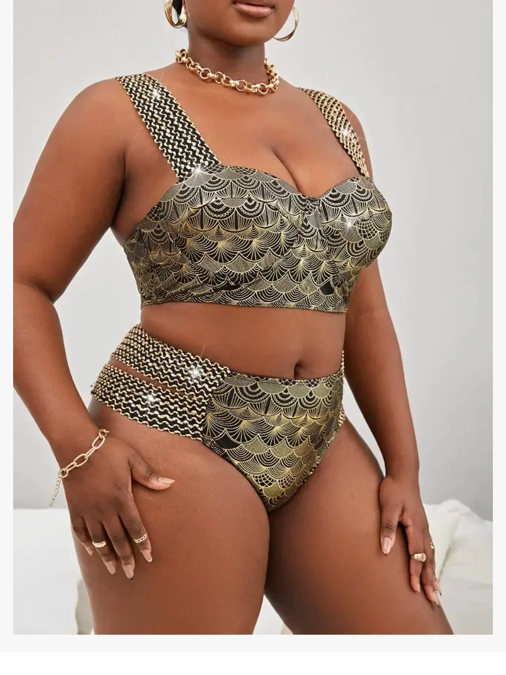 4XL Women’s Metallic Black & Gold High-Waist Bikini Set